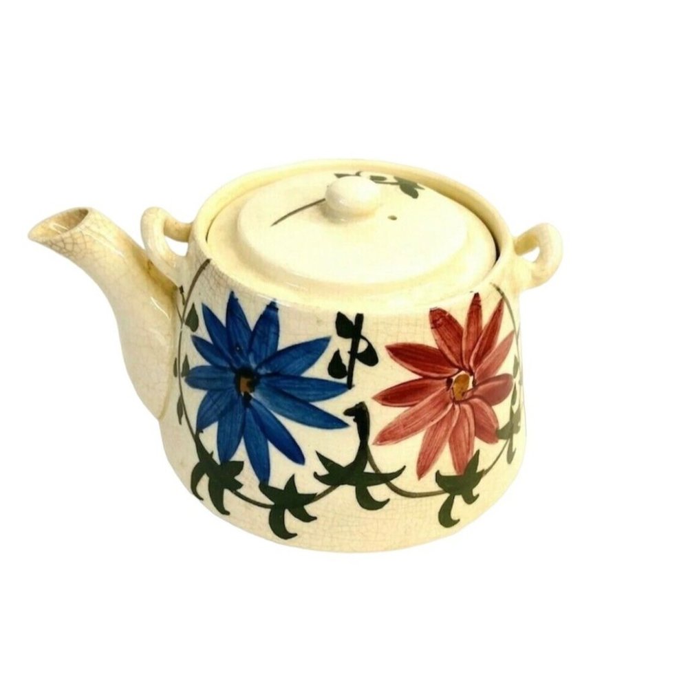 Vintage Japanese Teapot Hand Painted Flowers 4" Tall Very Old